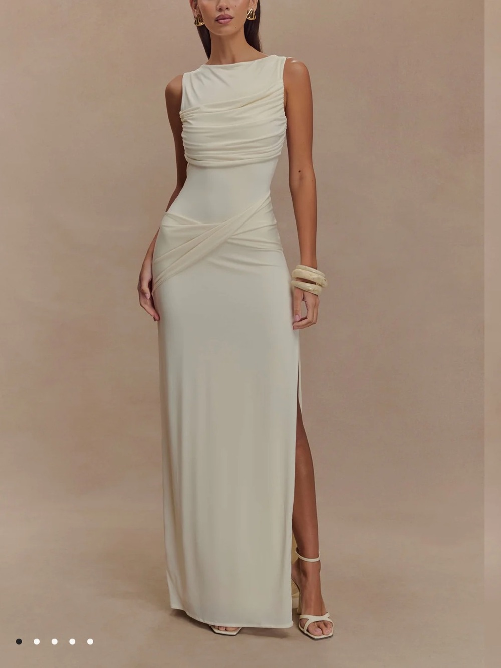 Meshki Cream Ruched Sleeveless Maxi Dress with Side Slit